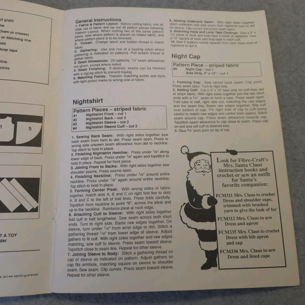 Fibre-Craft Nightshirt Santa Sewing Pattern FCM334 Fits 14" Santa Doll Uncut - Picture 6 of 12